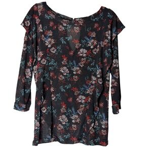 Free People Black Floral Mesh Keyhole‎ Long Sleeve Top Womens Medium Whimsygoth